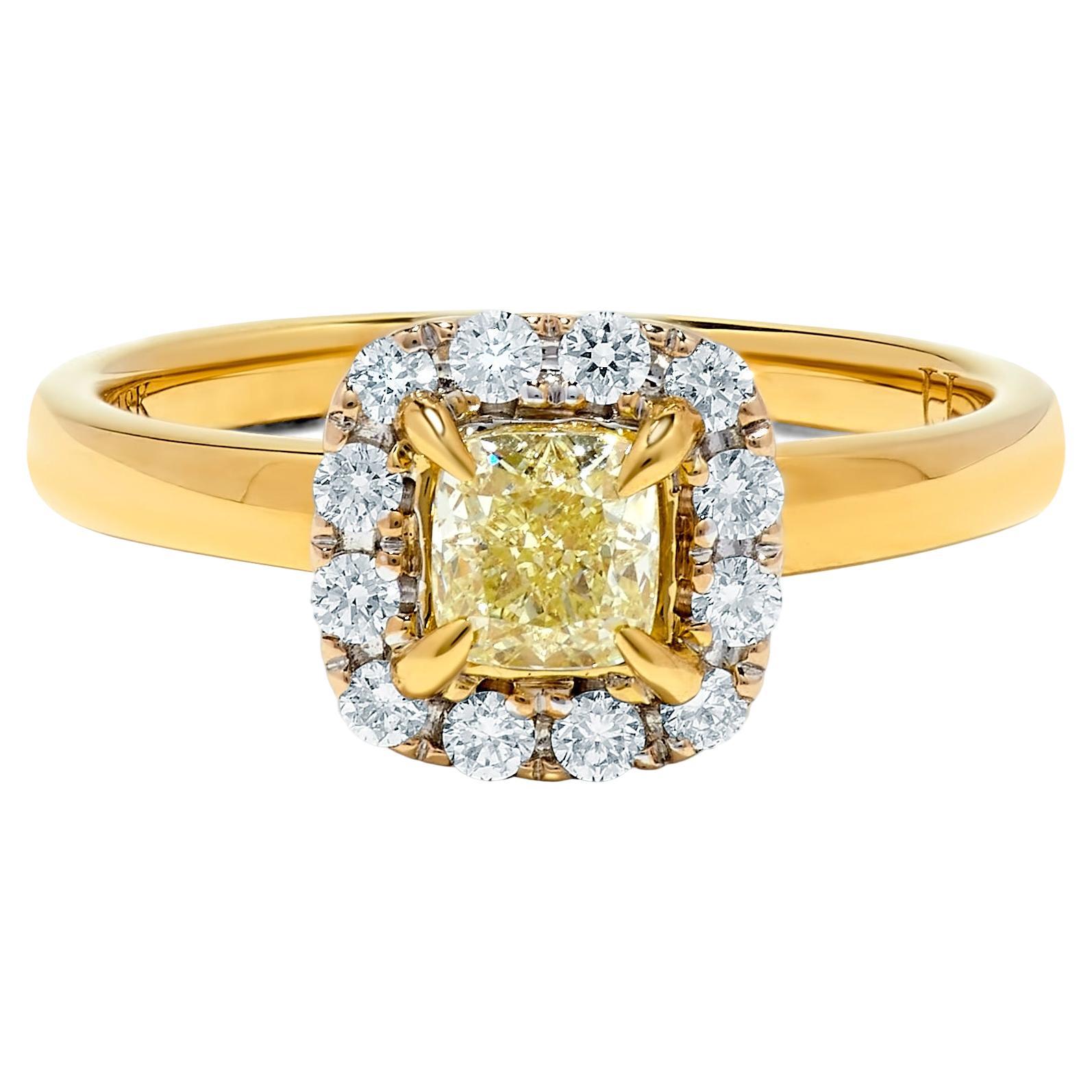 Natural Yellow Cushion and White Diamond .76 Carat TW Yellow Gold Cocktail Ring For Sale