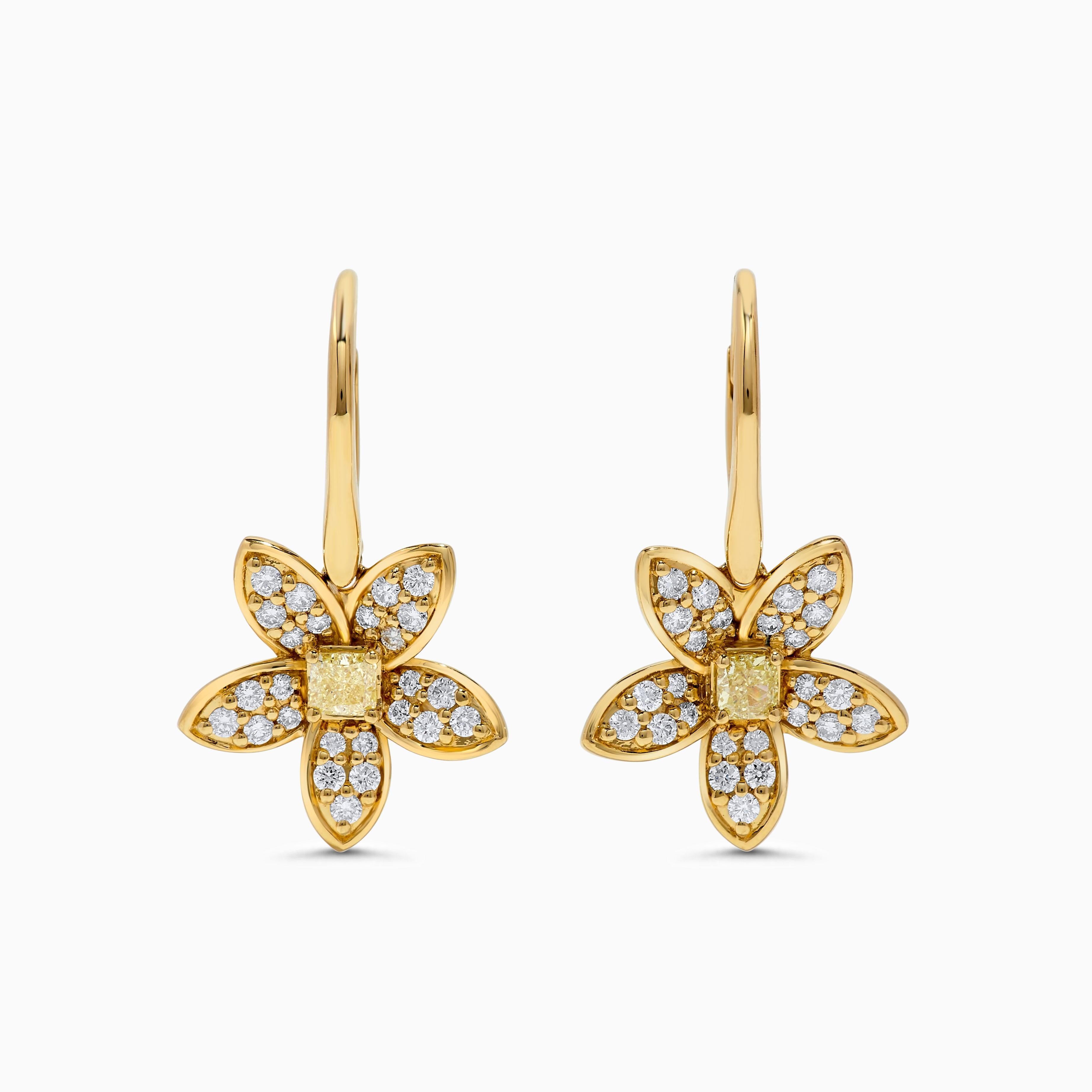 Contemporary Natural Yellow Cushion and White Diamond .91 Carat TW Yellow Gold Drop Earrings For Sale