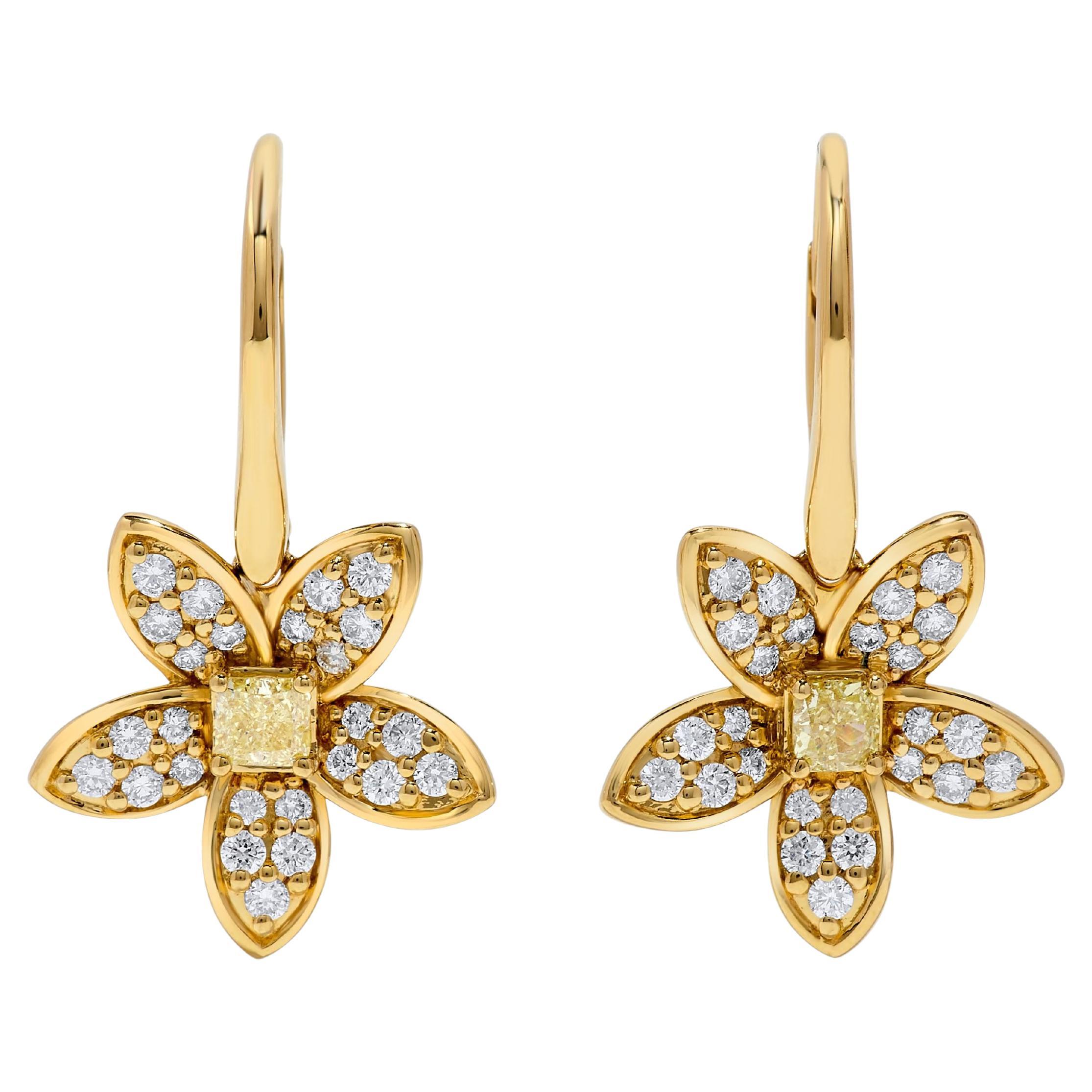 Natural Yellow Cushion and White Diamond .91 Carat TW Yellow Gold Drop Earrings For Sale