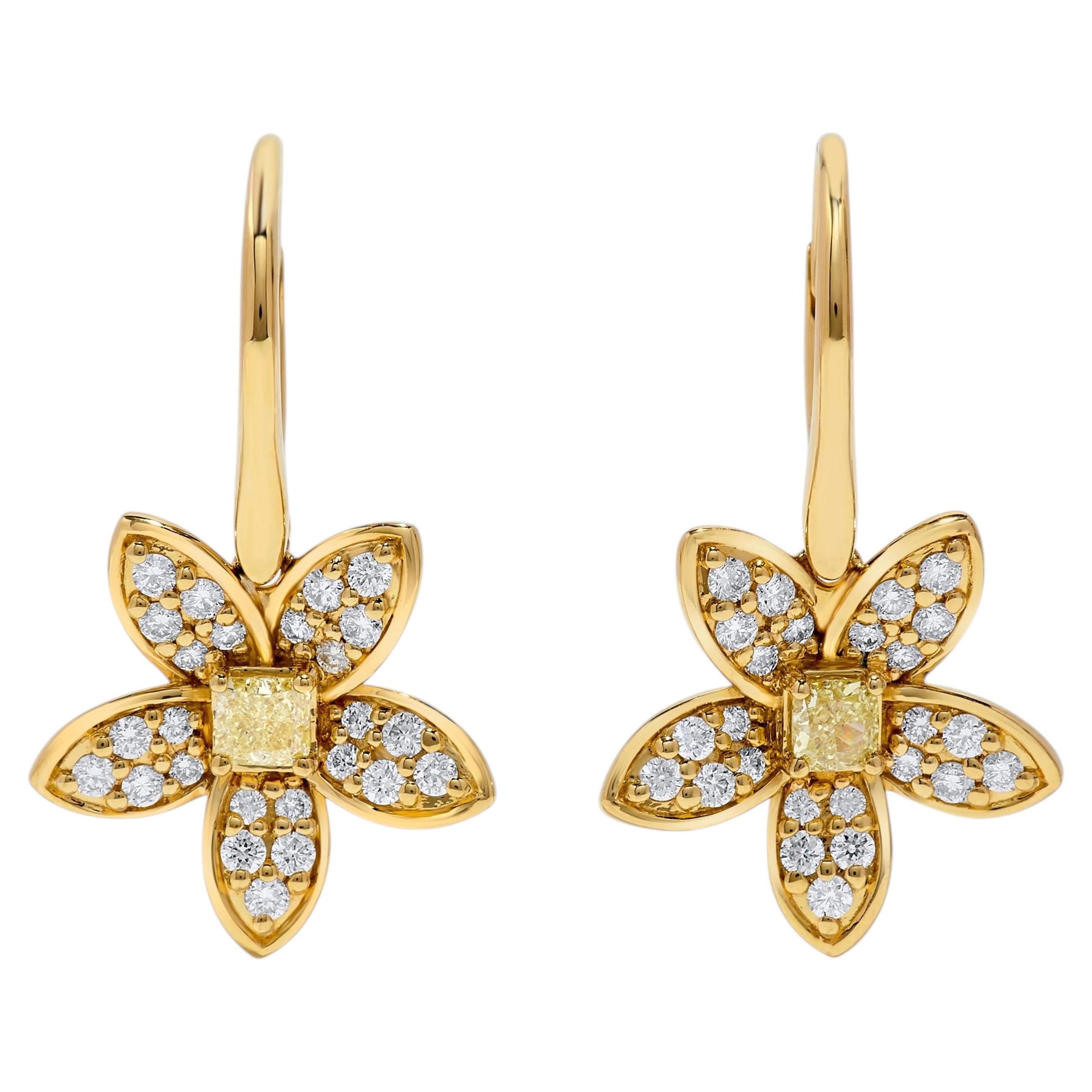Natural Yellow Cushion and White Diamond .91 Carat TW Yellow Gold Drop Earrings