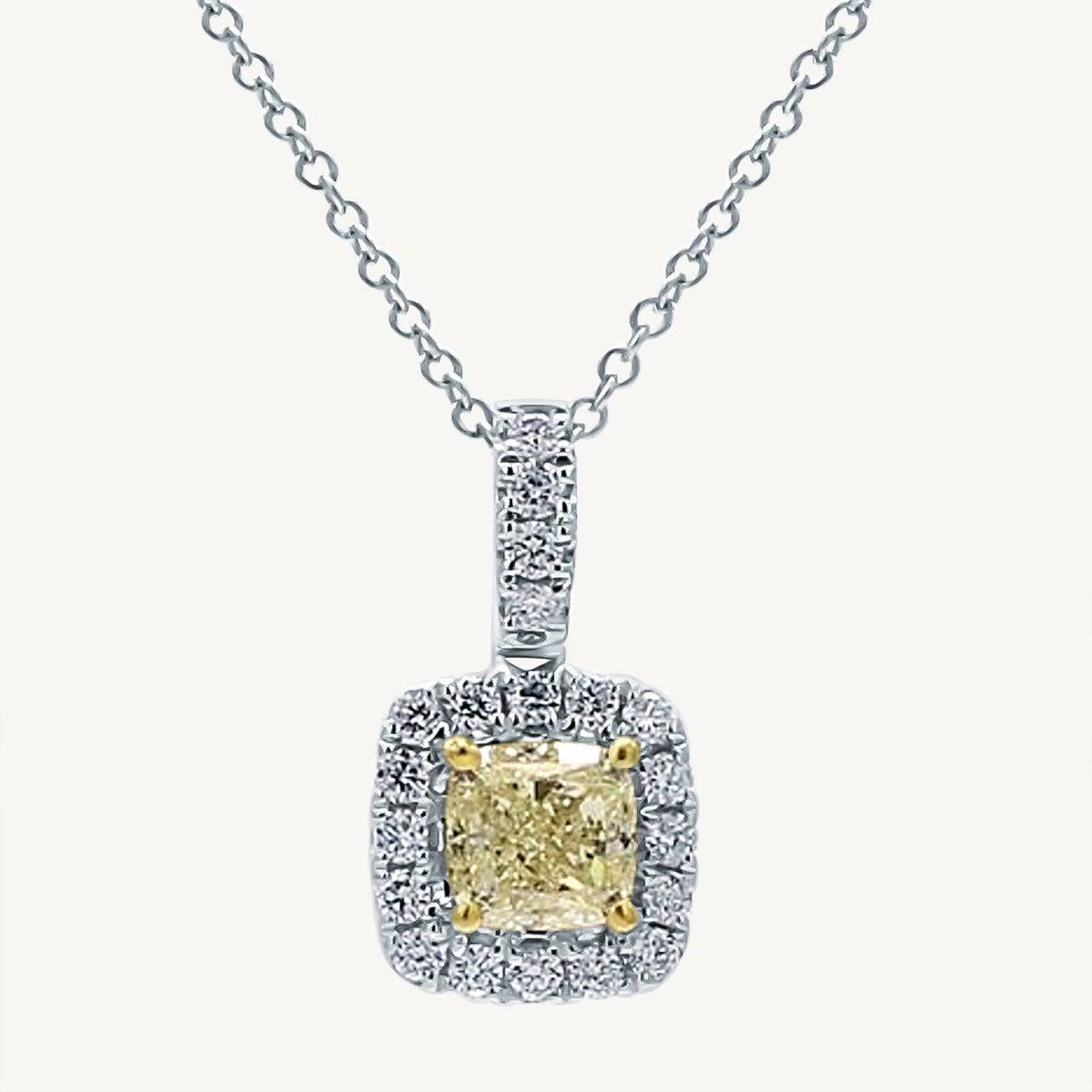 Natural Yellow Cushion and White Diamond .94 Carat TW Gold Drop Pendant