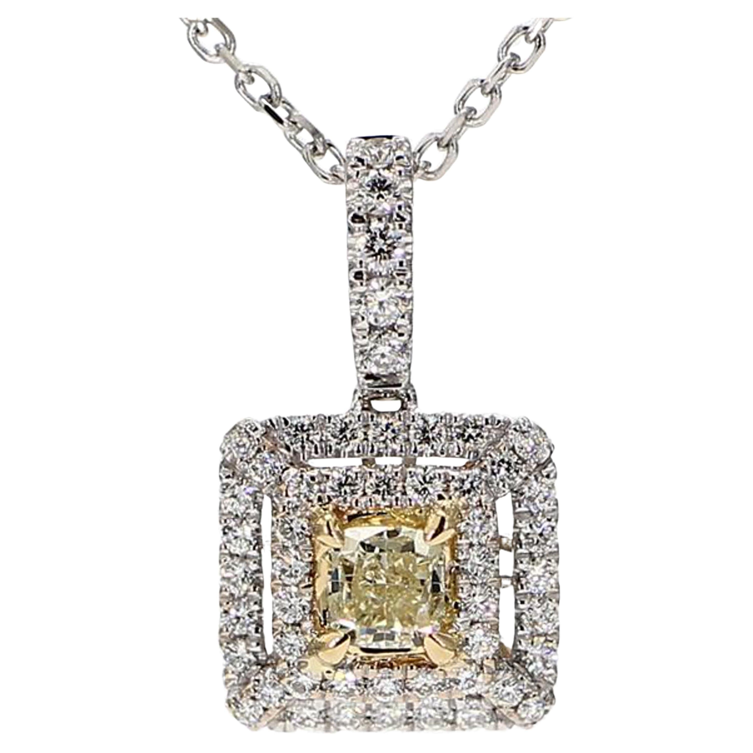 Natural Yellow Cushion and White Diamond .98 Carat TW Gold Drop Pendant For Sale