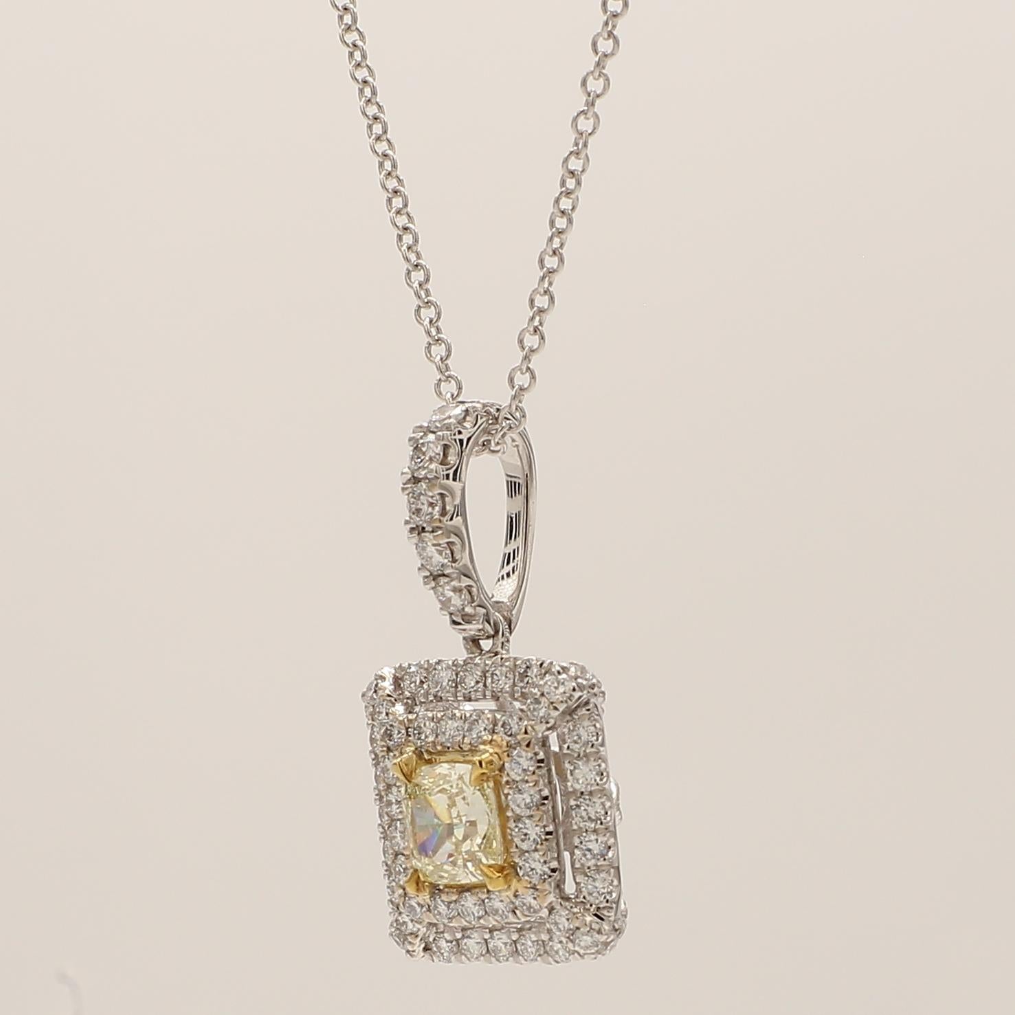 Contemporary Natural Yellow Cushion and White Diamond 1.11 Carat TW Gold Drop Pendant
