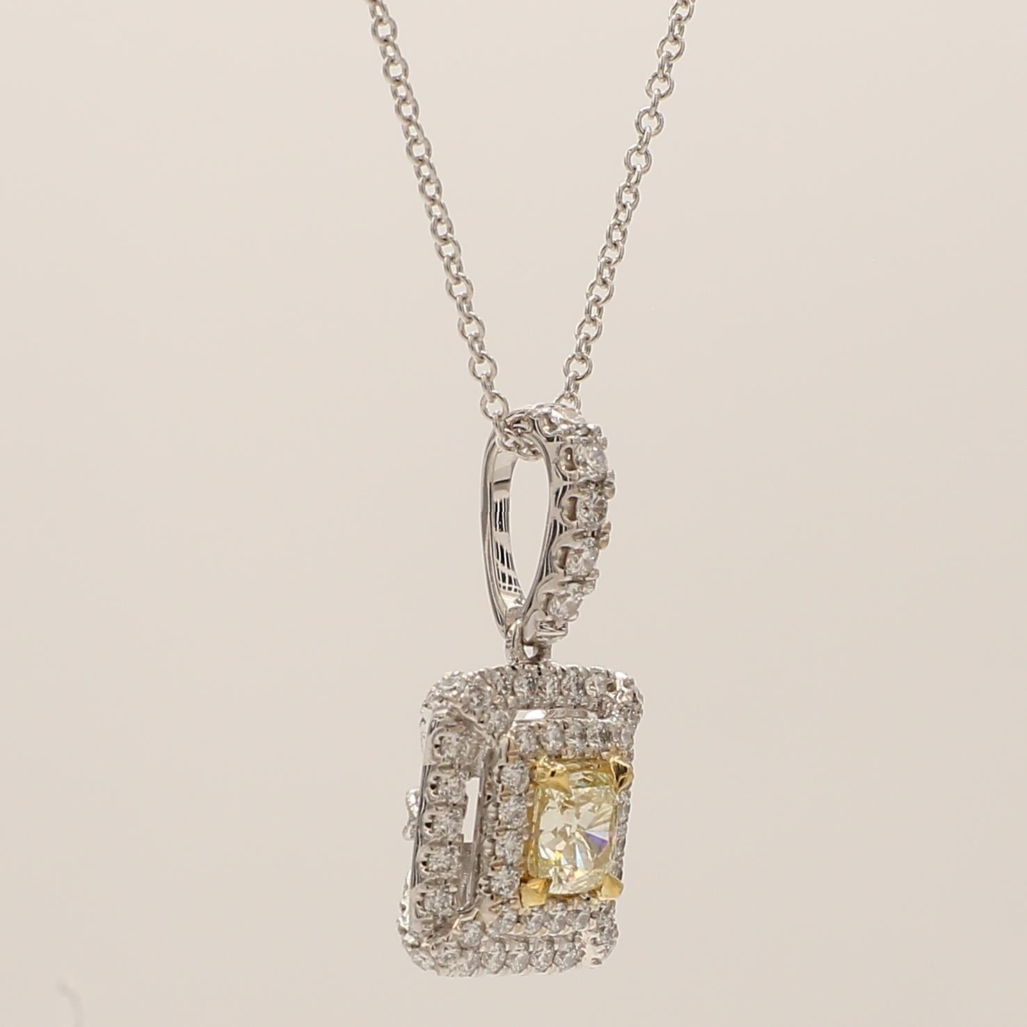 Cushion Cut Natural Yellow Cushion and White Diamond 1.11 Carat TW Gold Drop Pendant