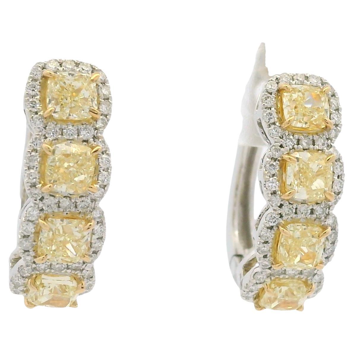 Natural Yellow Cushion Cut Diamond 18-Karat Halo Earrings In Stock For Sale
