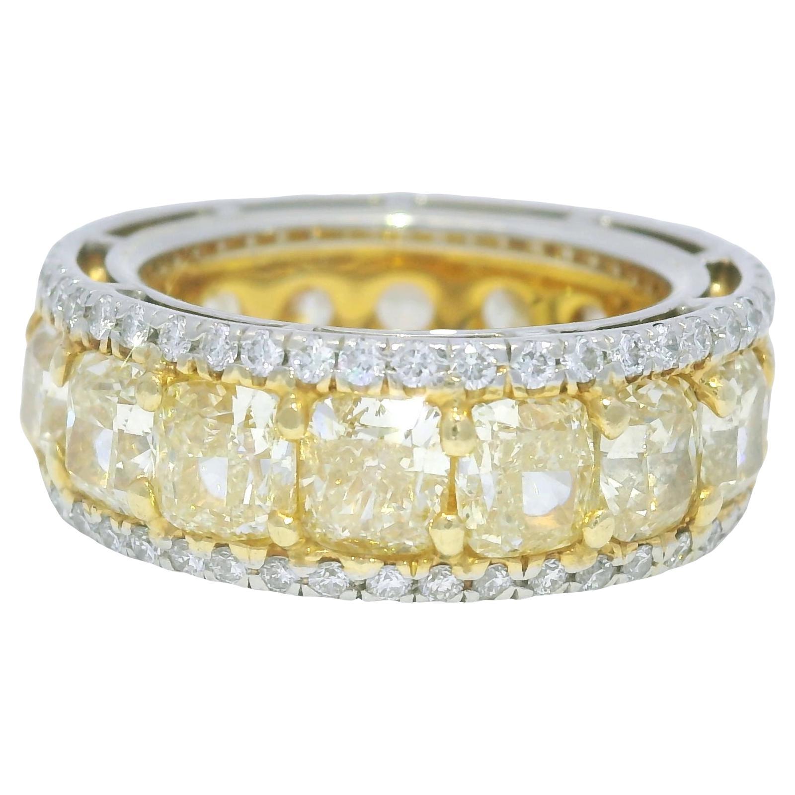 Natural Yellow Cushion Cut Diamond 18-Karat & Platinum Eternity Ring In Stock