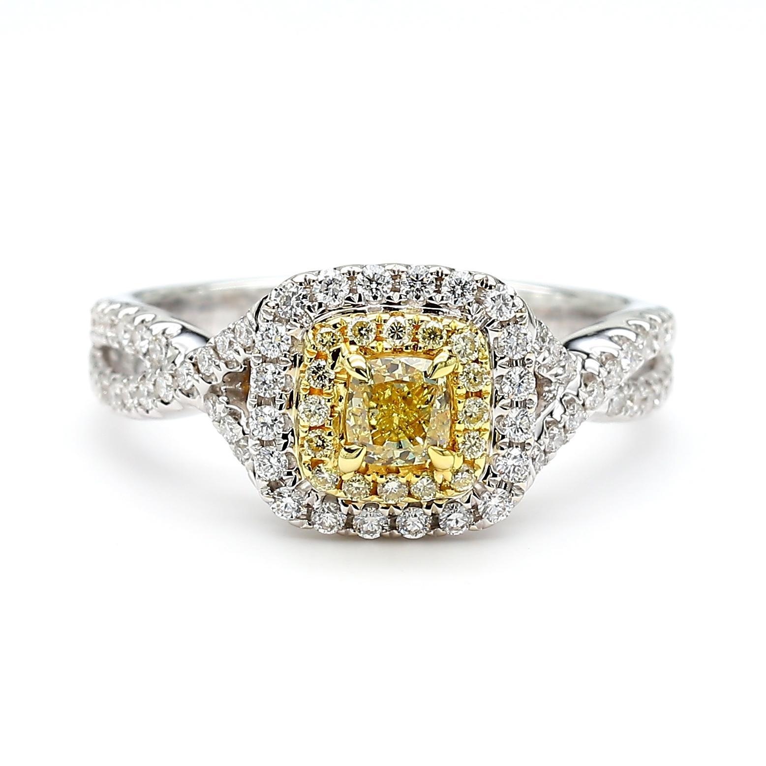 Contemporary Natural Yellow Cushion Diamond 0.69 Carat TW Gold Cocktail Ring For Sale