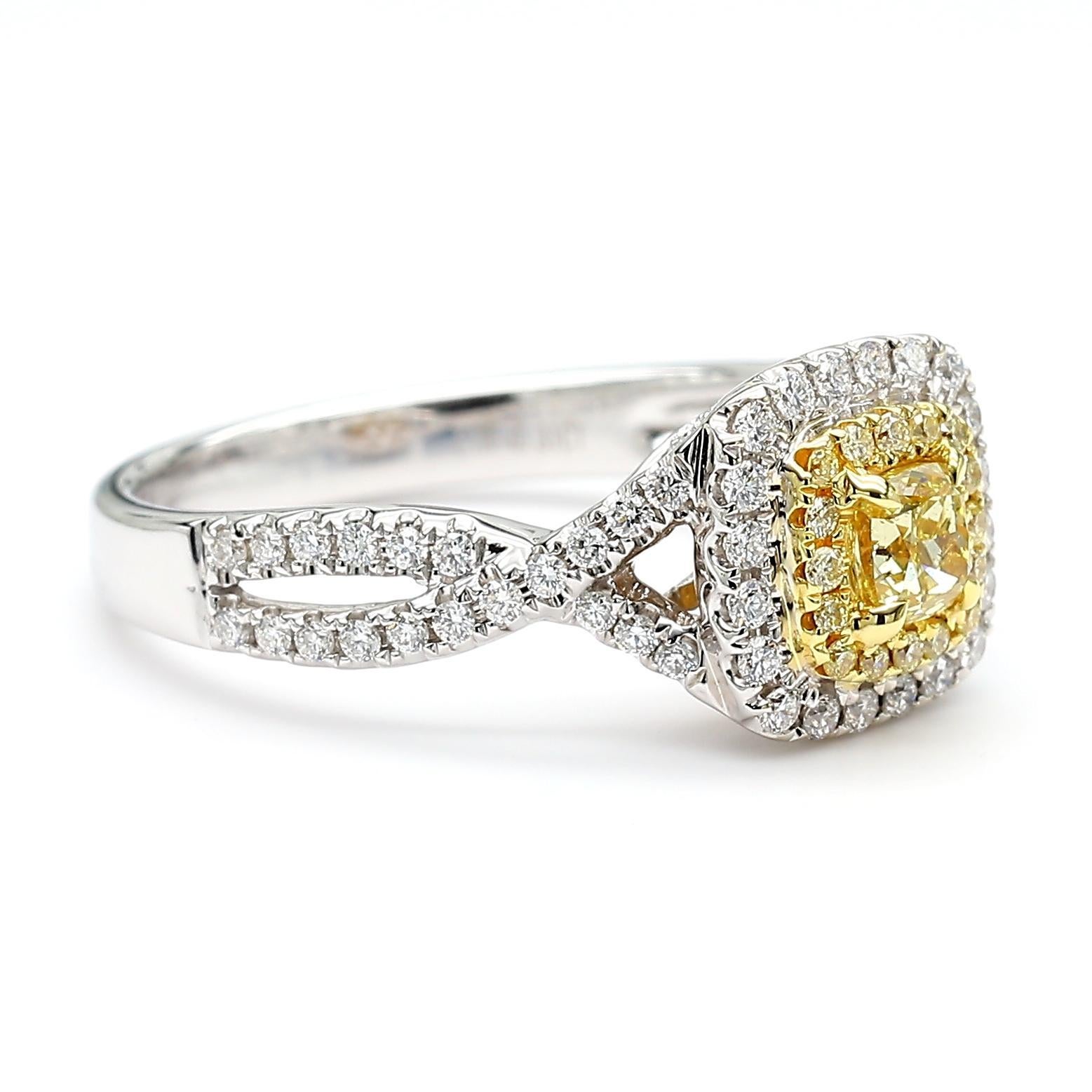 Cushion Cut Natural Yellow Cushion Diamond 0.69 Carat TW Gold Cocktail Ring For Sale