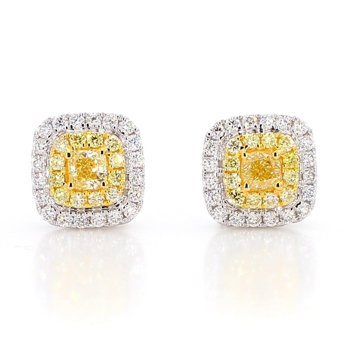 Contemporain Boucles d'oreilles en or avec diamant coussin de 0.84 carat TW de couleur naturelle jaune en vente