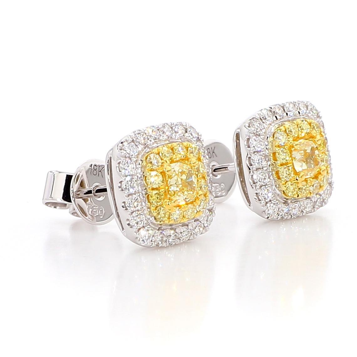 Taille coussin Boucles d'oreilles en or avec diamant coussin de 0.84 carat TW de couleur naturelle jaune en vente