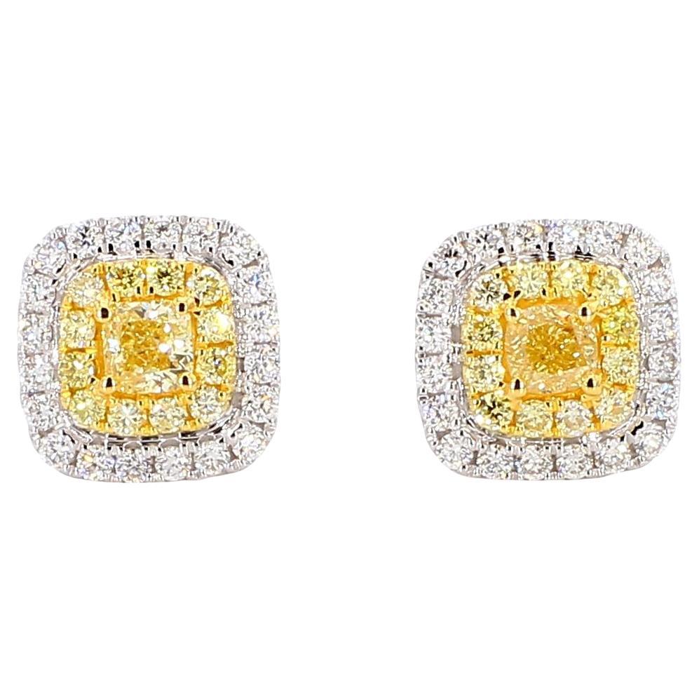 Natural Yellow Cushion Diamond 0.84 Carat TW Gold Stud Earrings