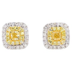 Natural Yellow Cushion Diamond 0.84 Carat TW Gold Stud Earrings