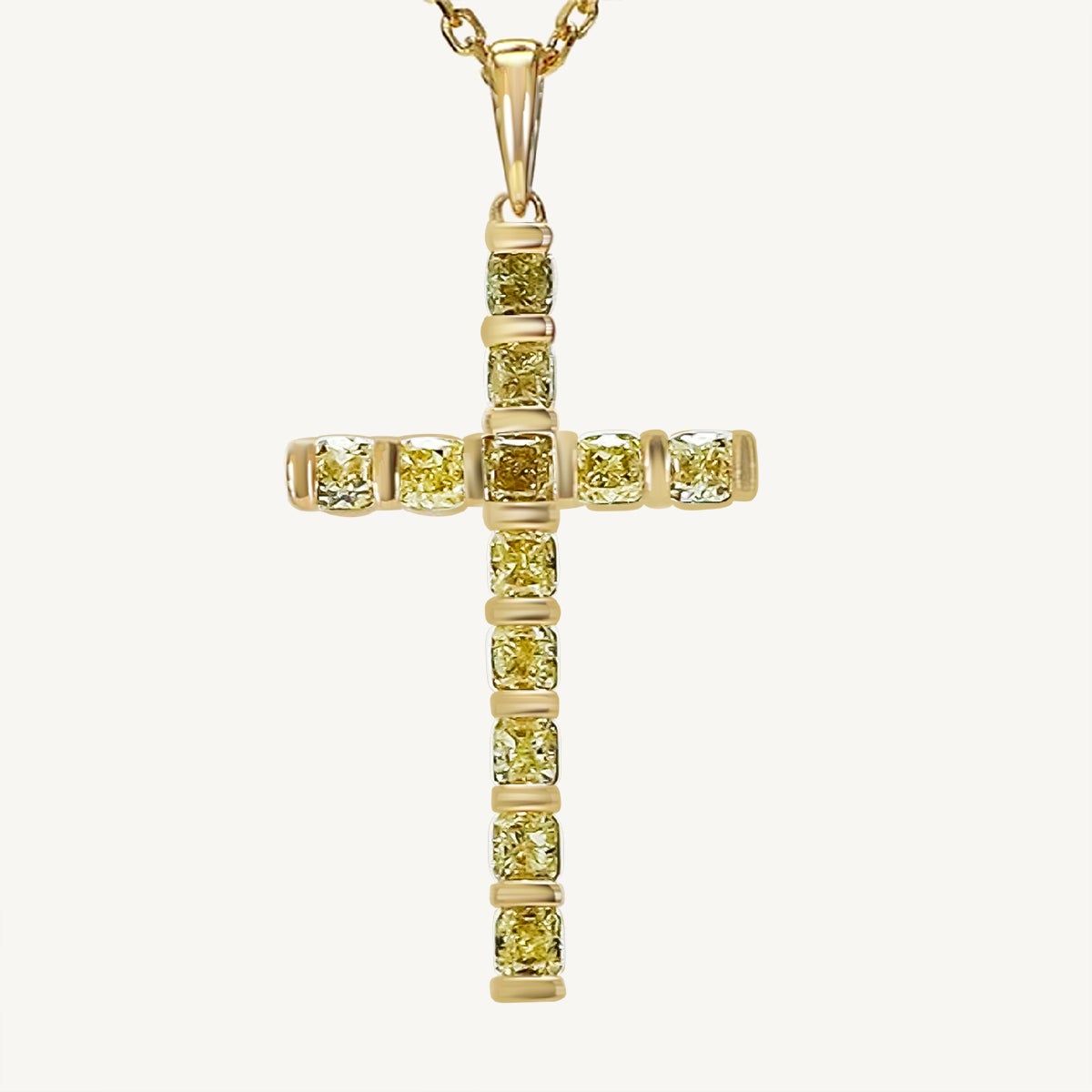 Natural Yellow Cushion Diamond 1.02 Carat TW Yellow Gold Cross Pendant