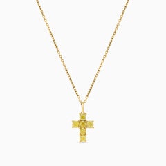 Natural Yellow Cushion Diamond 1.05 Carat TW Yellow Gold Cross Pendant