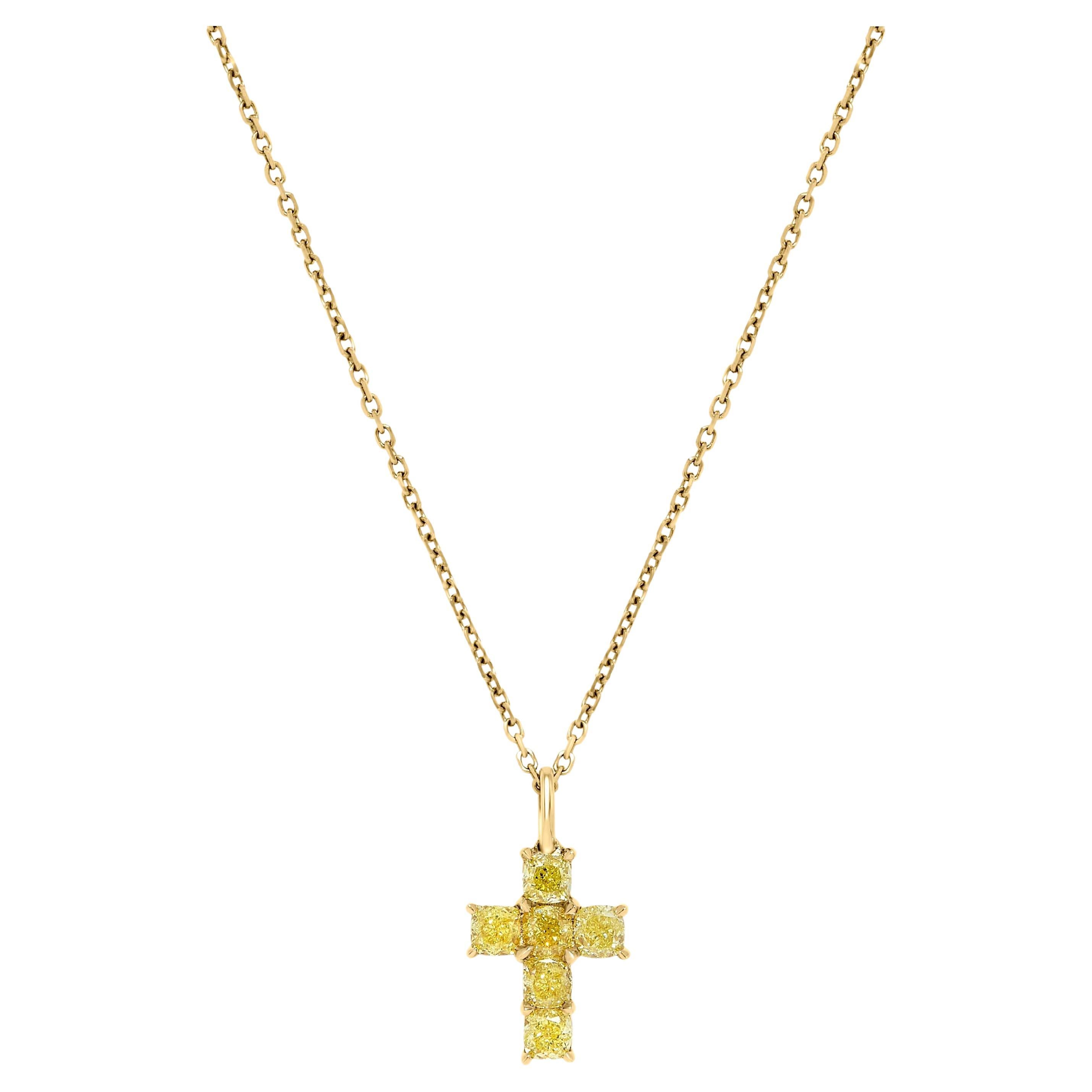 Natural Yellow Cushion Diamond 1.05 Carat TW Yellow Gold Cross Pendant