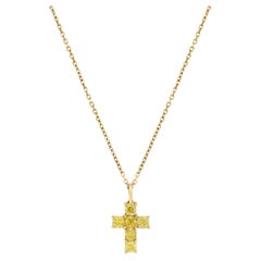 Natural Yellow Cushion Diamond 1.05 Carat TW Yellow Gold Cross Pendant