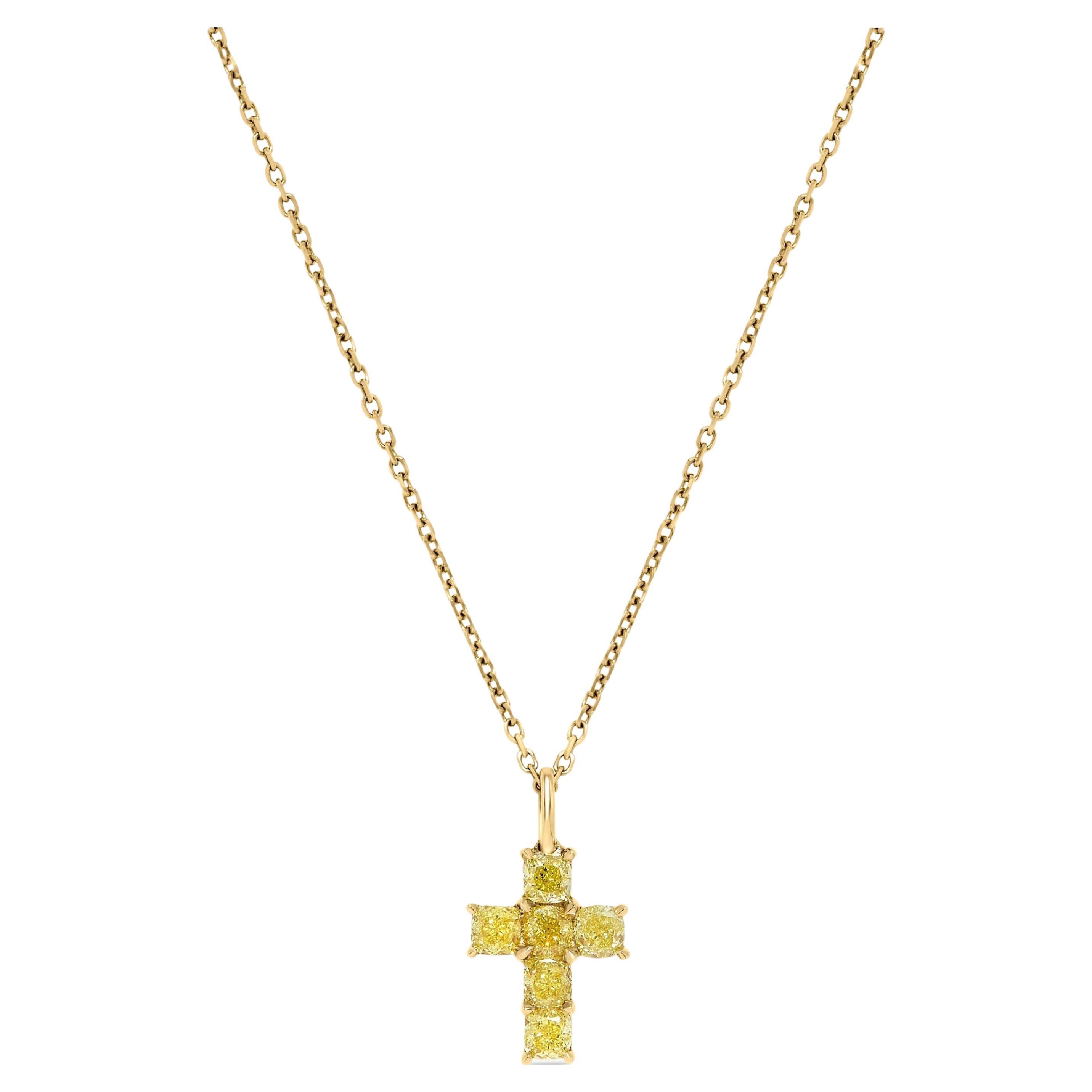 Natural Yellow Cushion Diamond 1.06 Carat TW Yellow Gold Cross Pendant