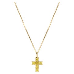 Natural Yellow Cushion Diamond 1.06 Carat TW Yellow Gold Cross Pendant