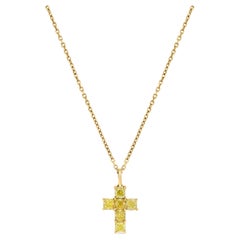 Natural Yellow Cushion Diamond 1.16 Carat TW Yellow Gold Cross Pendant