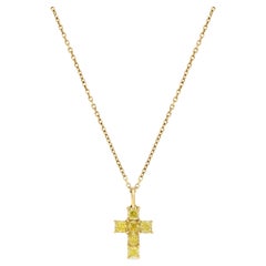 Natural Yellow Cushion Diamond 1.16 Carat TW Yellow Gold Cross Pendant