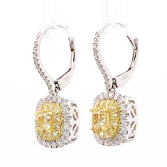 Natural Yellow Cushion Diamond 1.17 Carat TW Gold Drop Earrings