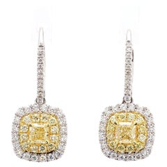 Natural Yellow Cushion Diamond 1.17 Carat TW Gold Drop Earrings