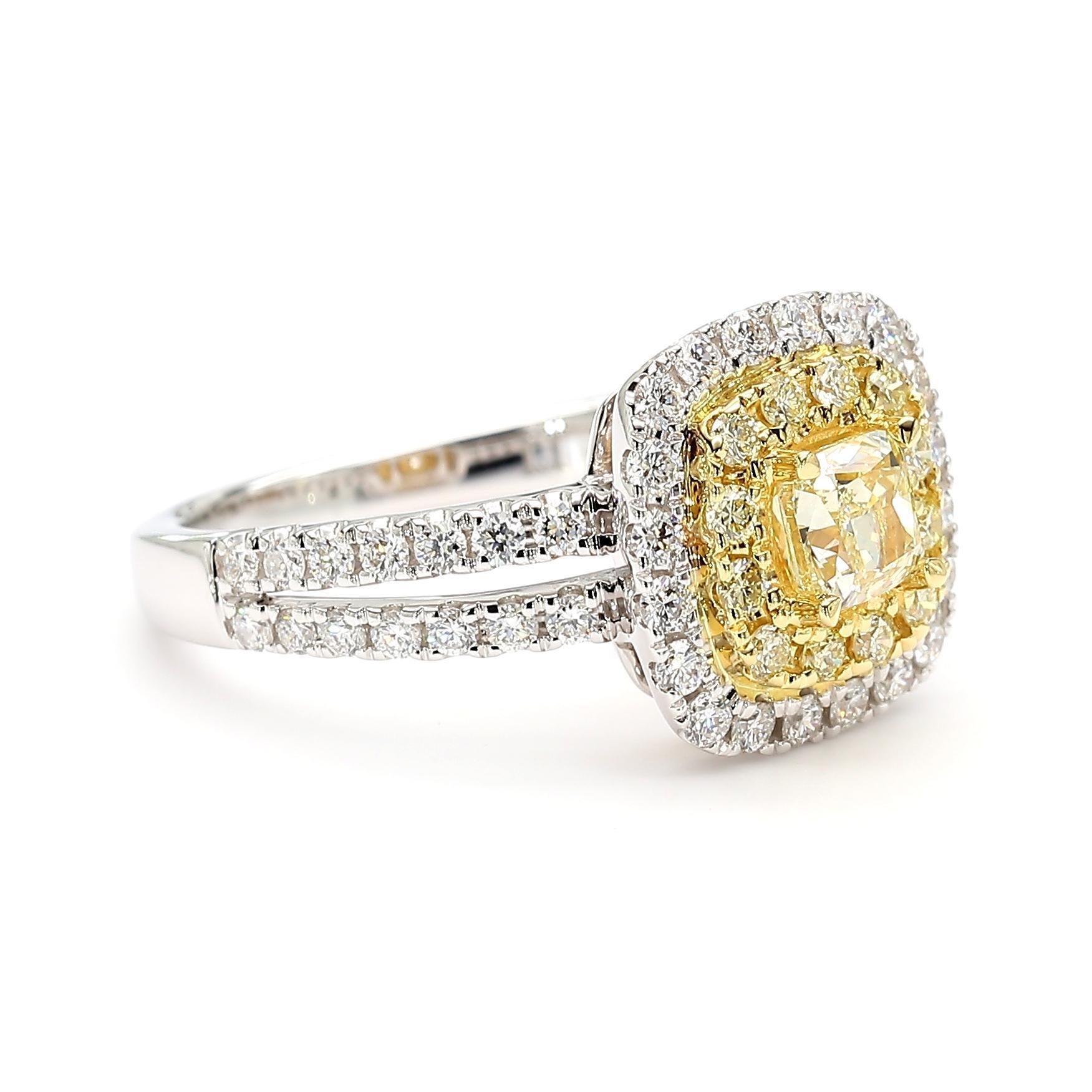 Cushion Cut Natural Yellow Cushion Diamond 1.23 Carat TW Platinum Cocktail Ring For Sale