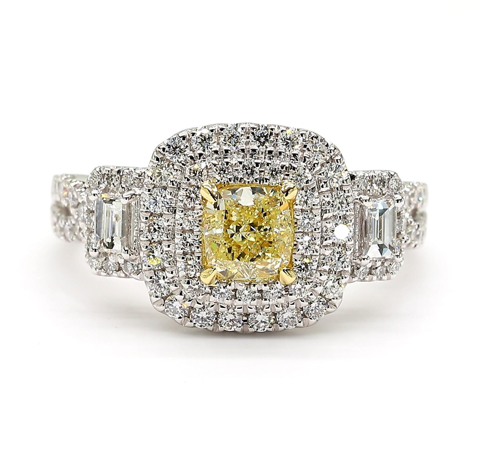 Contemporary Natural Yellow Cushion Diamond 1.28 Carat TW Gold Cocktail Ring For Sale