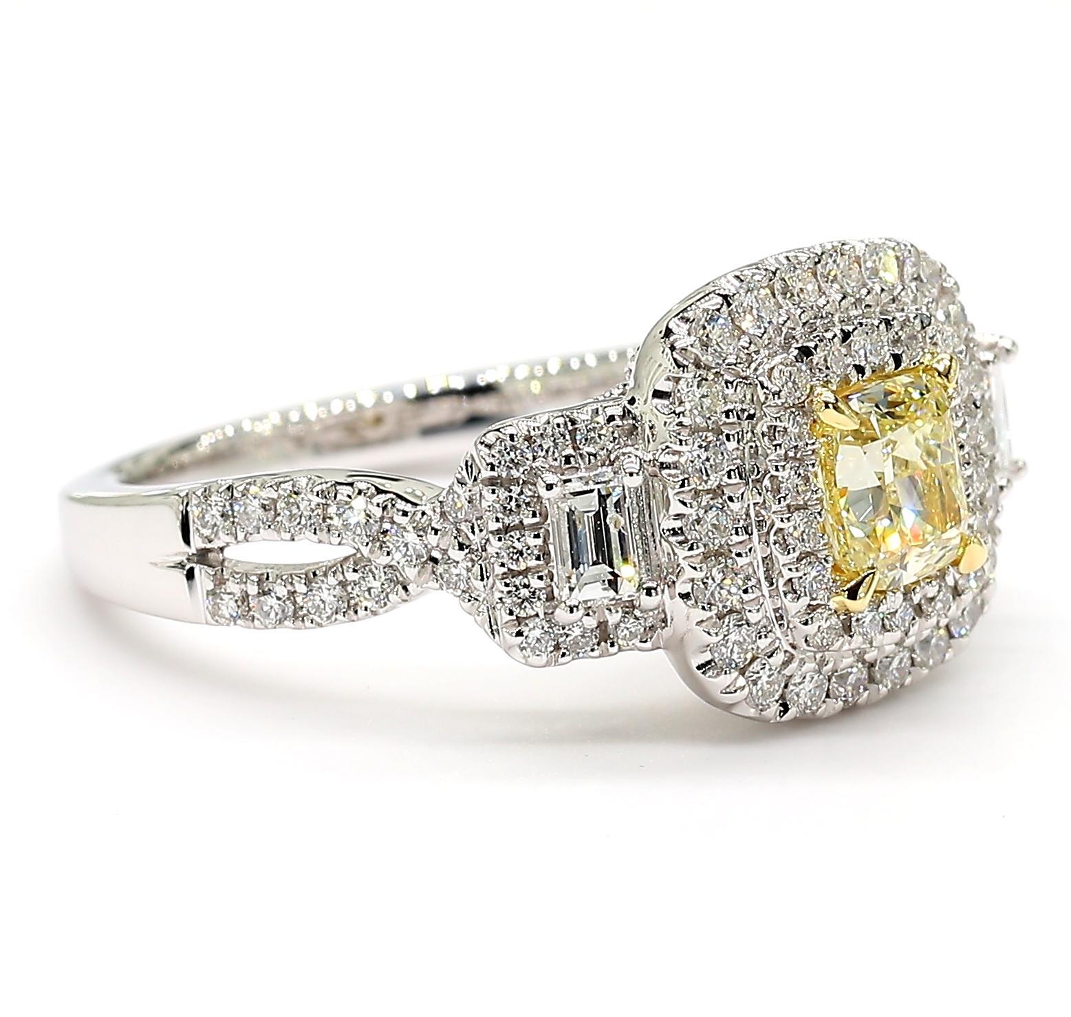 Cushion Cut Natural Yellow Cushion Diamond 1.28 Carat TW Gold Cocktail Ring For Sale
