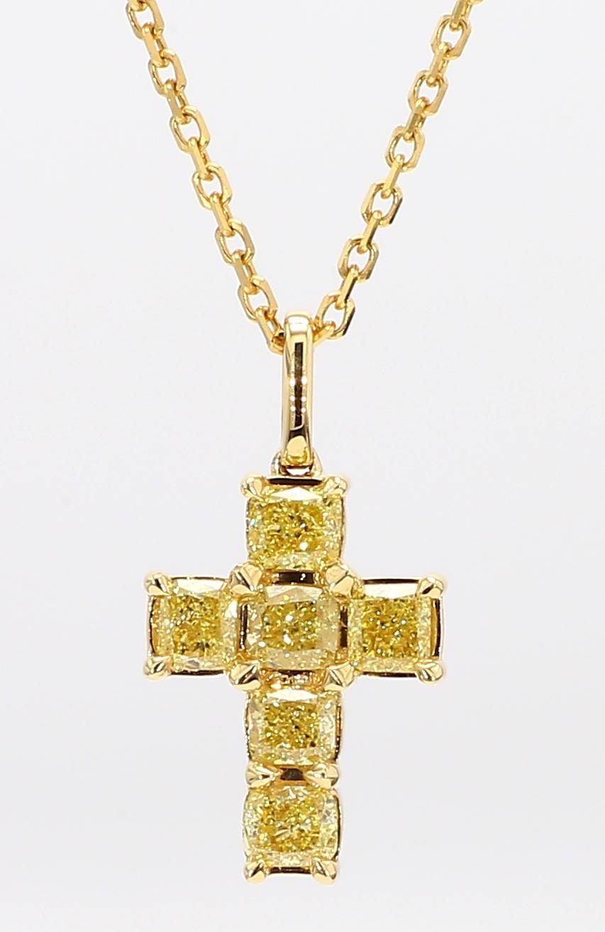 Contemporary Natural Yellow Cushion Diamond 1.34 Carat TW Yellow Gold Cross Pendant For Sale