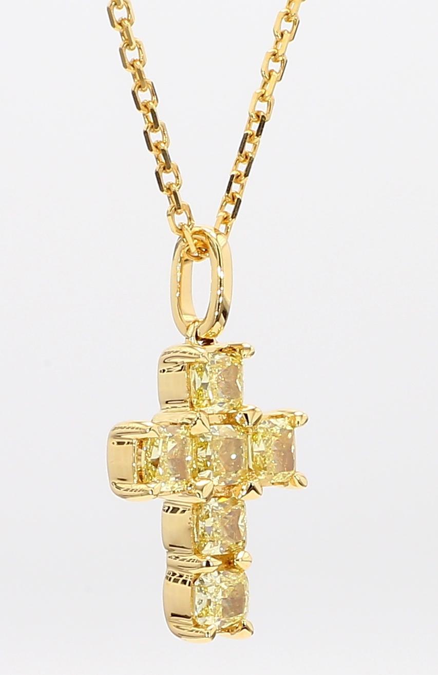 Cushion Cut Natural Yellow Cushion Diamond 1.34 Carat TW Yellow Gold Cross Pendant For Sale