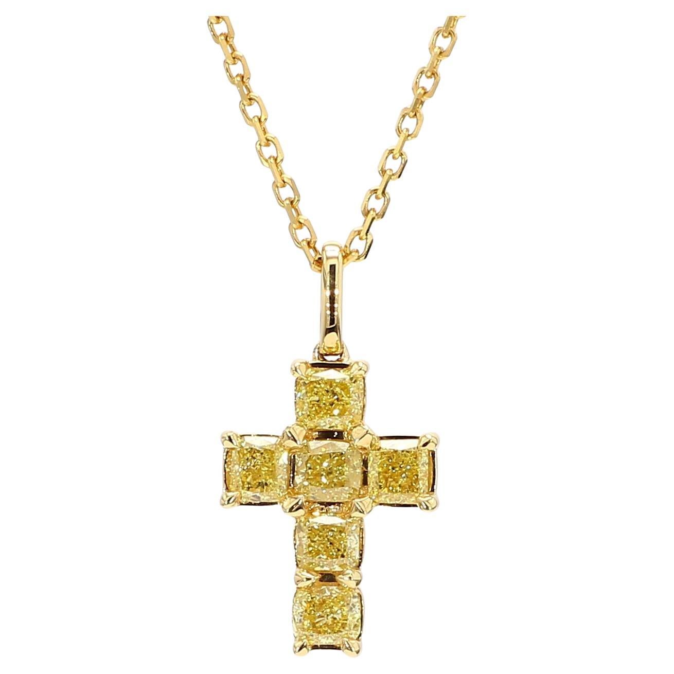 Natural Yellow Cushion Diamond 1.34 Carat TW Yellow Gold Cross Pendant For Sale