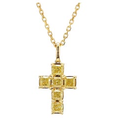 Natural Yellow Cushion Diamond 1.34 Carat TW Yellow Gold Cross Pendant
