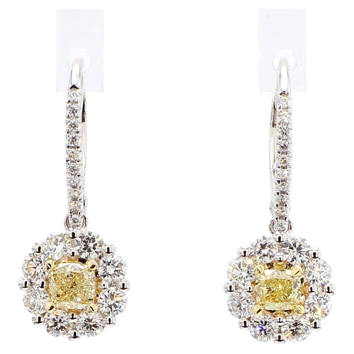 Natural Yellow Cushion Diamond 1.42 Carat TW Gold Drop Earrings