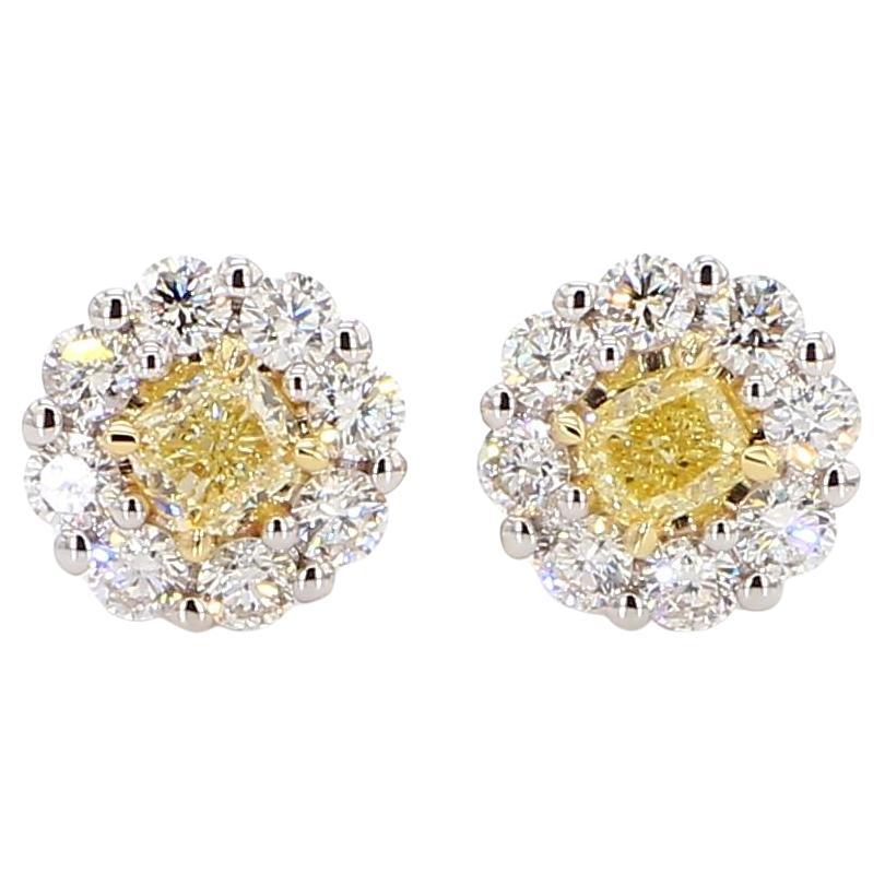 Natural Yellow Cushion Diamond 1.42 Carat TW Gold Stud Earrings