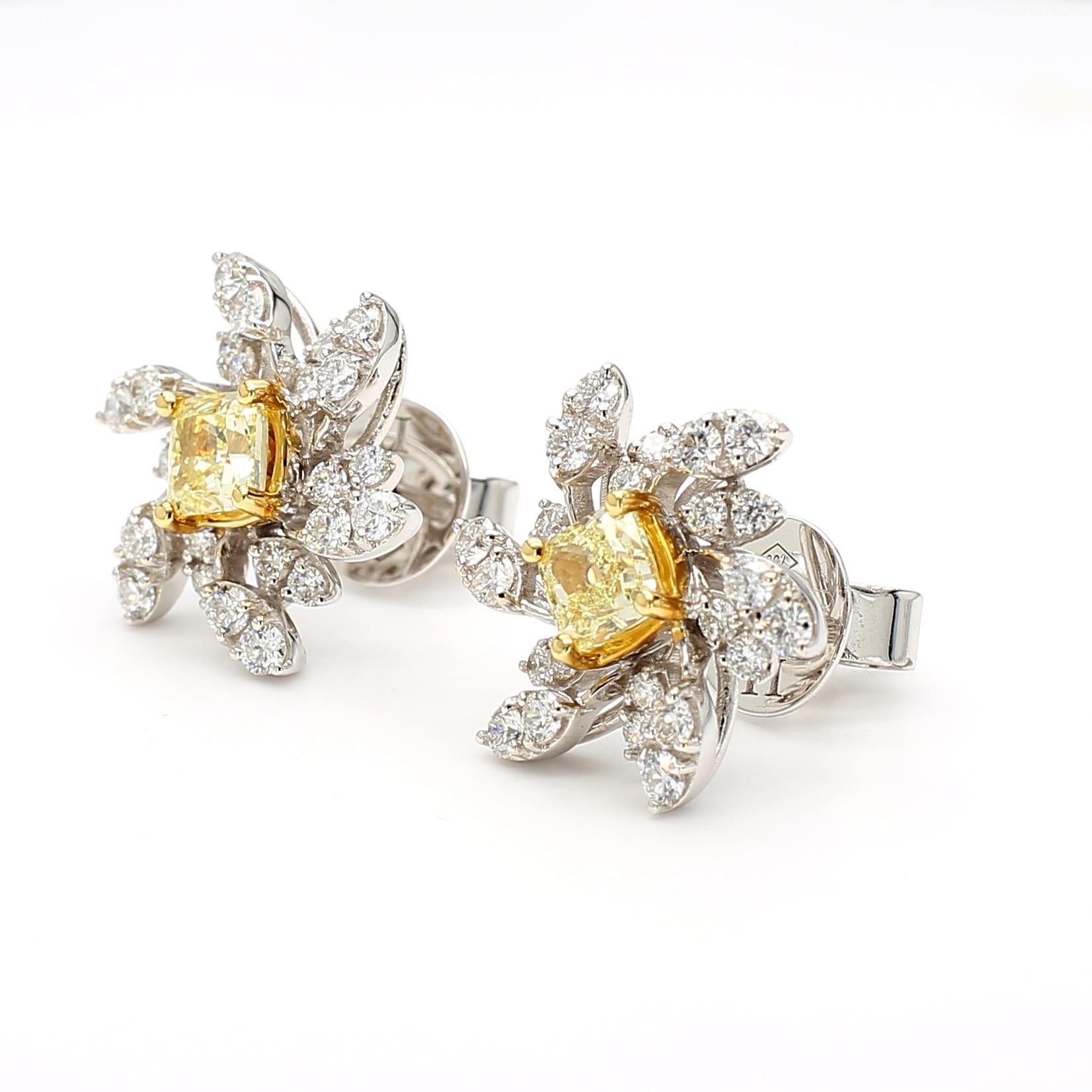 Les magnifiques boucles d'oreilles en diamant de Raregemworld. Monté dans une belle monture en platine avec des diamants jaunes naturels de taille coussin. Les diamants jaunes sont entourés d'une mêlée de diamants blancs ronds naturels. Ces boucles