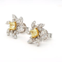 Natural Yellow Cushion Diamond 1.43 Carat TW Platinum Stud Earrings