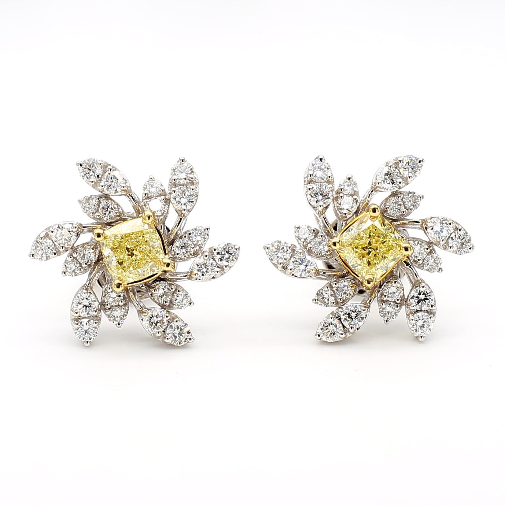 Contemporain Boucles d'oreilles en platine avec diamant coussin de couleur jaune naturel 1,43 carat TW en vente