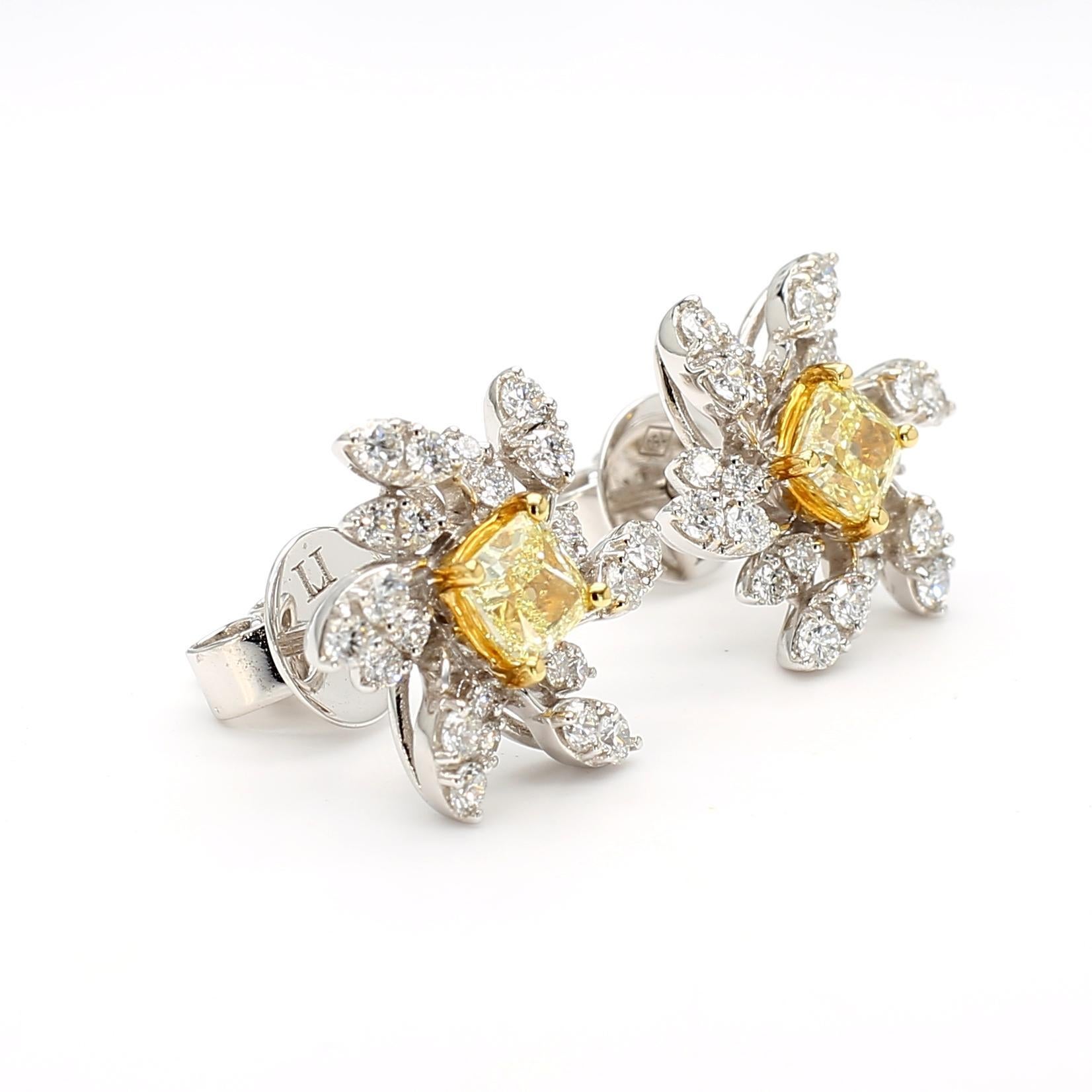 Taille coussin Boucles d'oreilles en platine avec diamant coussin de couleur jaune naturel 1,43 carat TW en vente