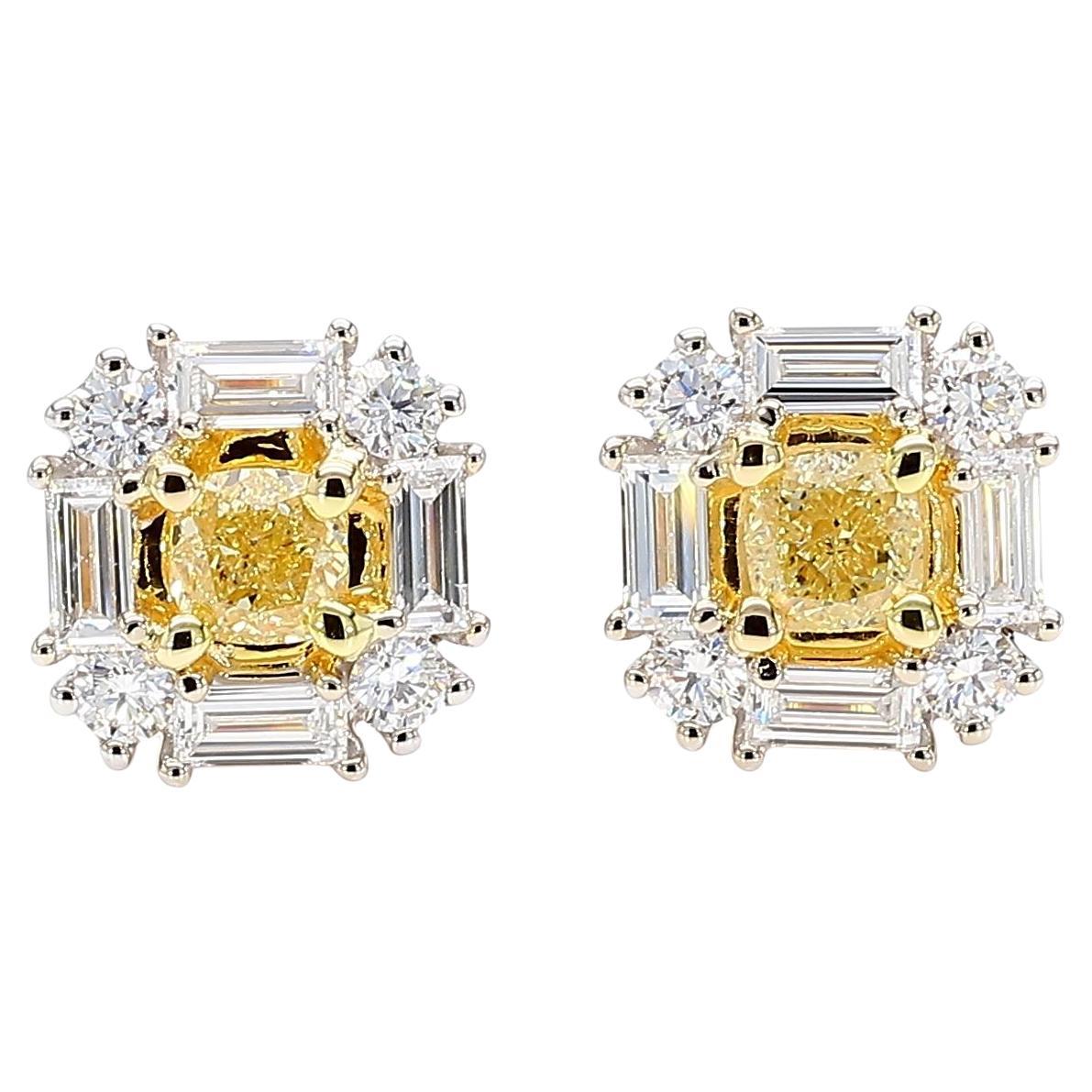 Natural Yellow Cushion Diamond 1.65 Carat TW Gold Stud Earrings