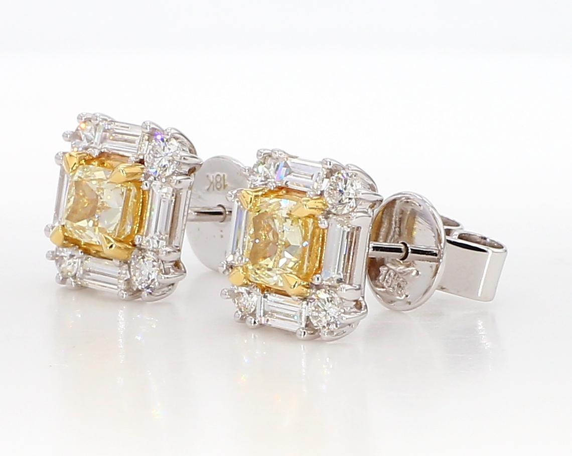 RareGemWorld's classic diamond earrings. Mounted in a beautiful 18K Yellow and White Gold setting with natural cushion cut yellow diamonds. The yellow diamonds are surrounded by natural baguette cut white diamonds and round natural white diamond