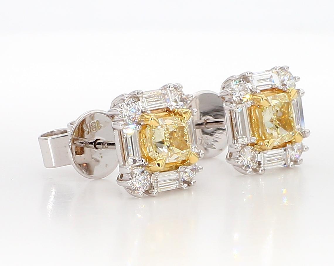 Contemporary Natural Yellow Cushion Diamond 1.73 Carat TW Gold Stud Earrings For Sale