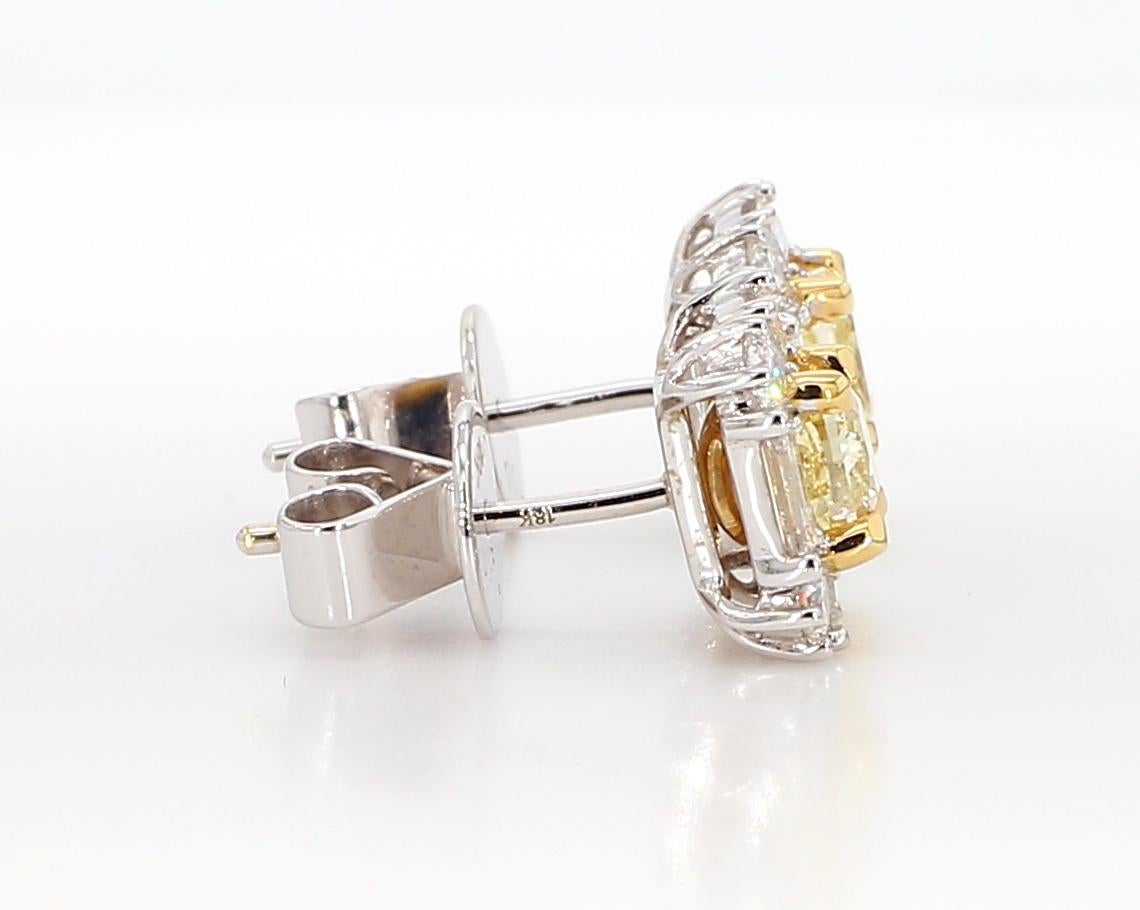 Cushion Cut Natural Yellow Cushion Diamond 1.73 Carat TW Gold Stud Earrings For Sale