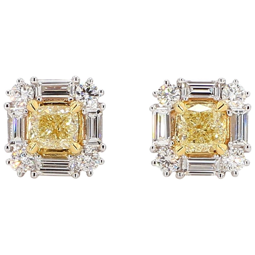 Natürlicher gelber Diamant im Kissenschliff 1.73 Karat TW Gold-Ohrstecker