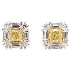 Natural Yellow Cushion Diamond 1.73 Carat TW Gold Stud Earrings