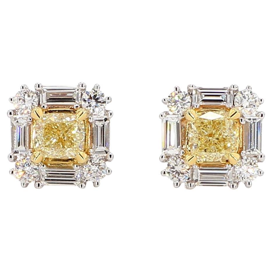 Natural Yellow Cushion Diamond 1.73 Carat TW Gold Stud Earrings