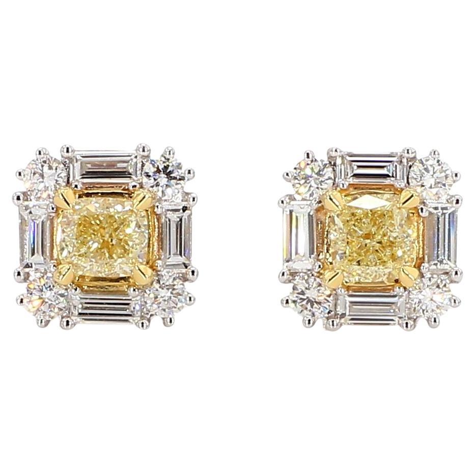 Natural Yellow Cushion Diamond 1.73 Carat TW Gold Stud Earrings For Sale