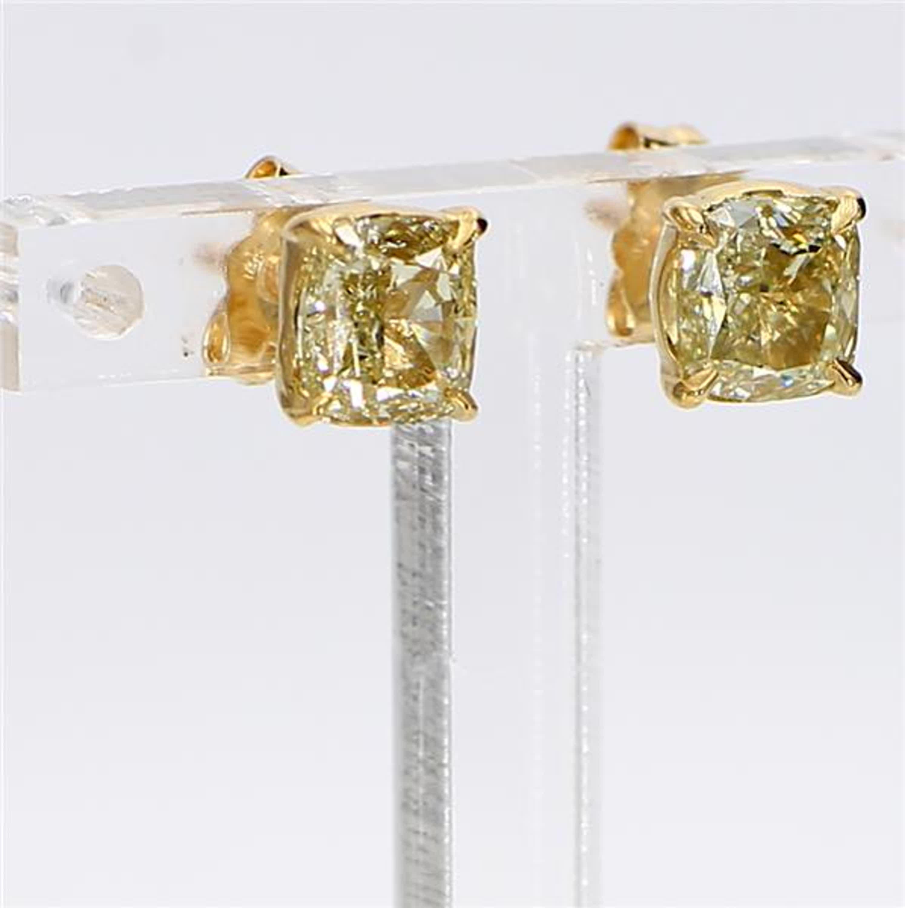 Natural Yellow Cushion Diamond 1.81 Carat TW Yellow Gold Stud Earrings 1