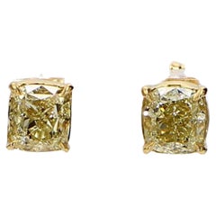 Natural Yellow Cushion Diamond 1.81 Carat TW Yellow Gold Stud Earrings
