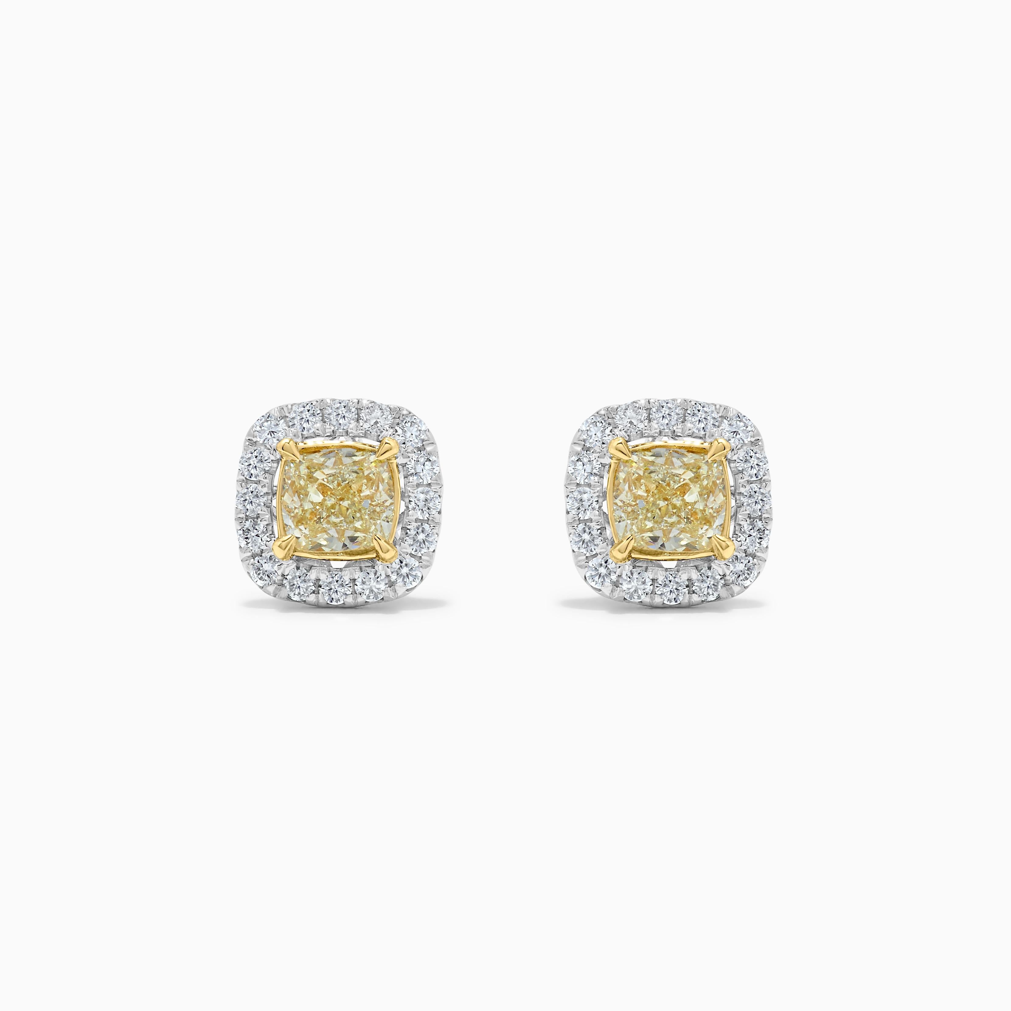 Contemporary Natural Yellow Cushion Diamond 1.84 Carat TW Gold Stud Earrings For Sale